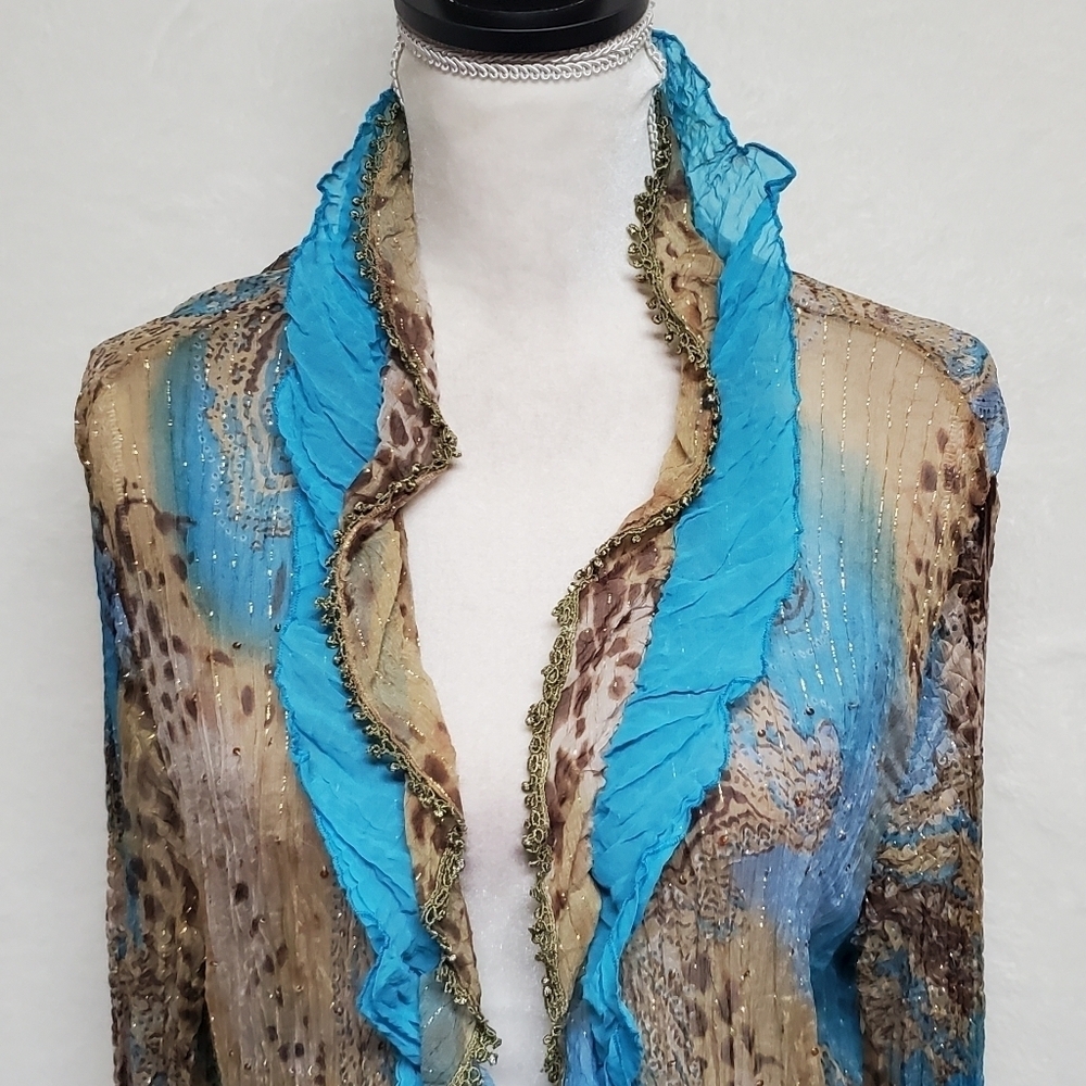 Vintage OOAK Alberto Makali Blue Leopard Print Gold Metallic Knit Abstract Top - Picture 5 of 14
